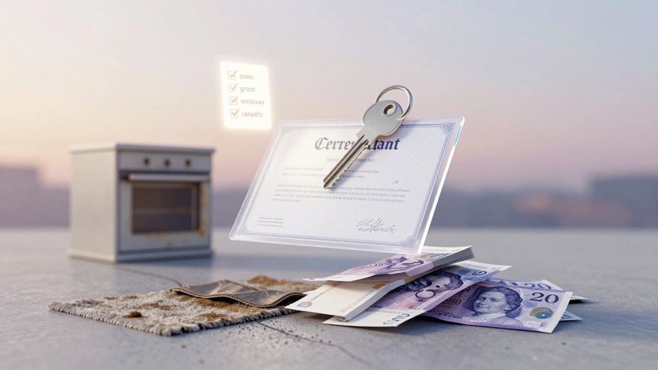 Transparent cleaning certificate floating above key and cash, with fading dirt marks turning into clean surfaces below.