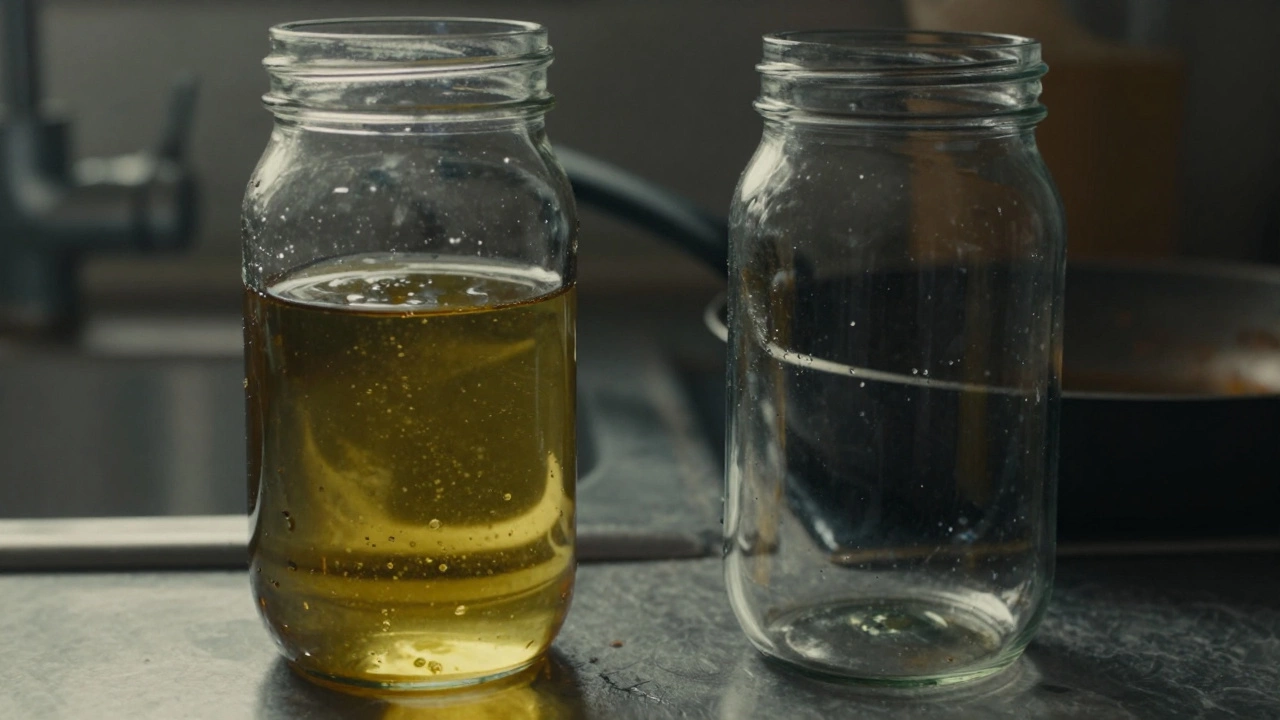 Two jars: one with cooled cooking grease, one empty, beside a frying pan in a dim kitchen.