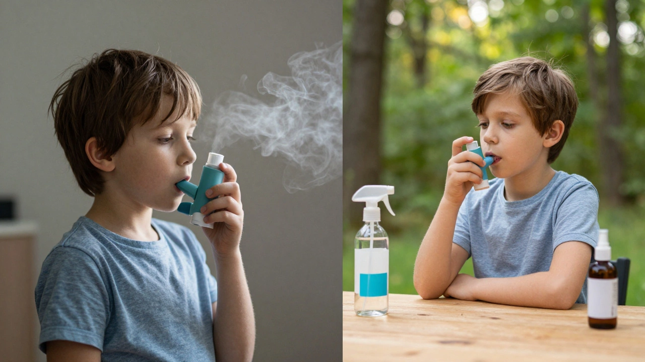 A child with an inhaler in a chemically polluted home, contrasted with a healthy child in nature using eco-friendly cleaners.