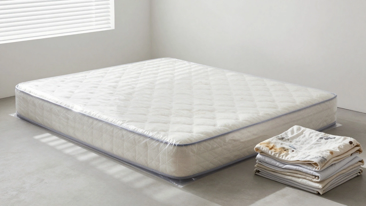 A clean mattress with a protective cover in a sunlit bedroom, symbolizing prevention of stains and hygiene.