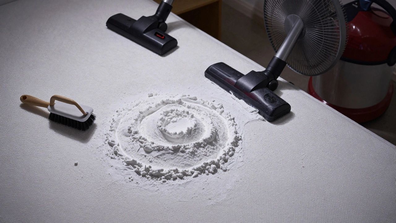 A mattress completely covered in baking soda, with a vacuum and fan nearby.