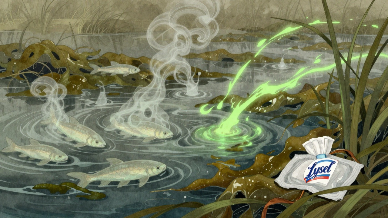 A polluted river with dead algae and a plastic Lysol wipe caught in reeds, chemical plumes in the water.