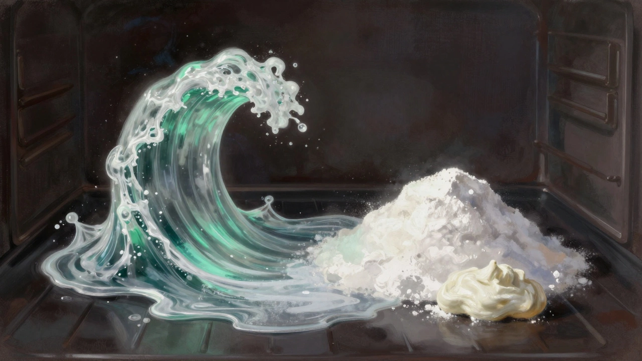 A symbolic clash between vinegar and baking soda neutralizes into a flat puddle, while clean paste quietly penetrates oven grime.