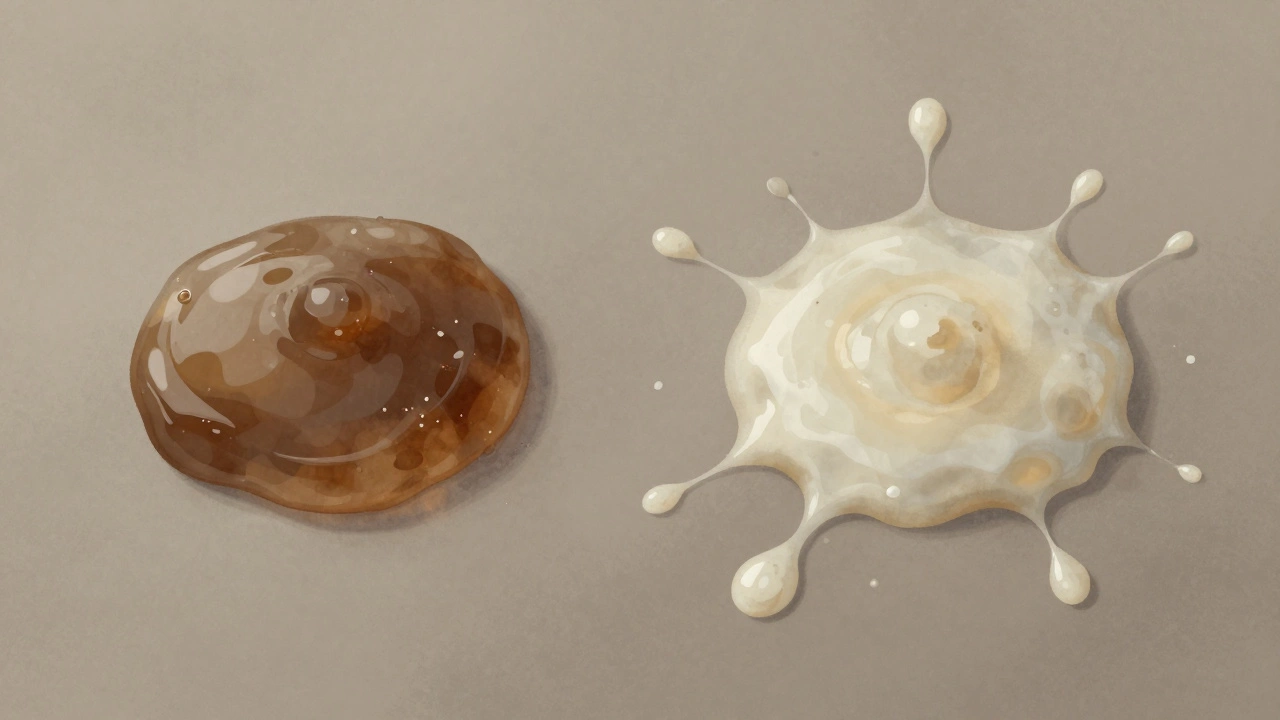 An artistic comparison showing semen stain resisting water while discharge stain blurs and spreads when wet.