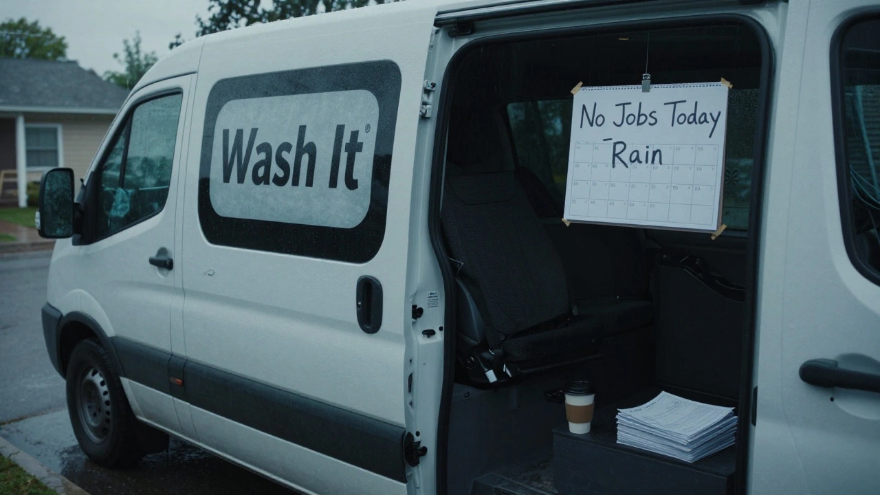 An empty branded van parked outside a rainy driveway with a 'No Jobs Today' sign.