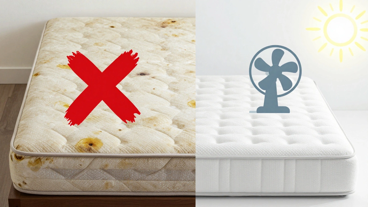Before and after: a damaged mattress versus a clean, protected one.