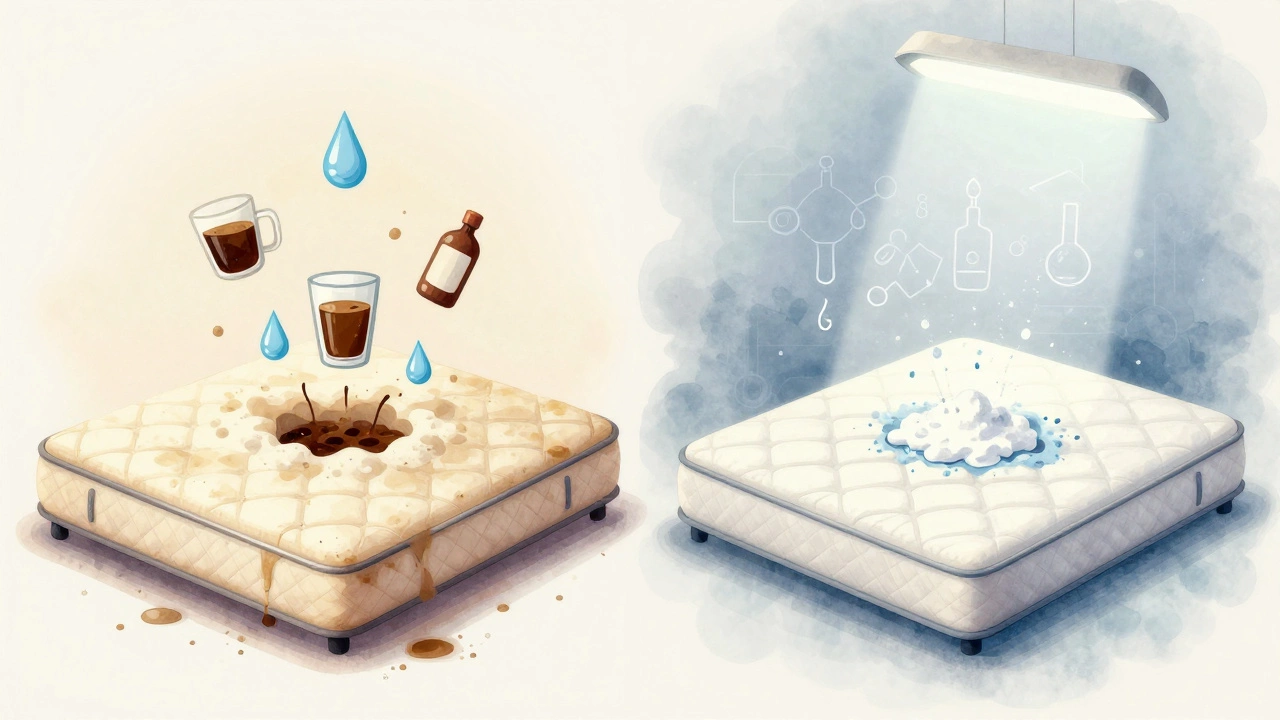 Before-and-after visual of a mattress being restored with natural cleaners.