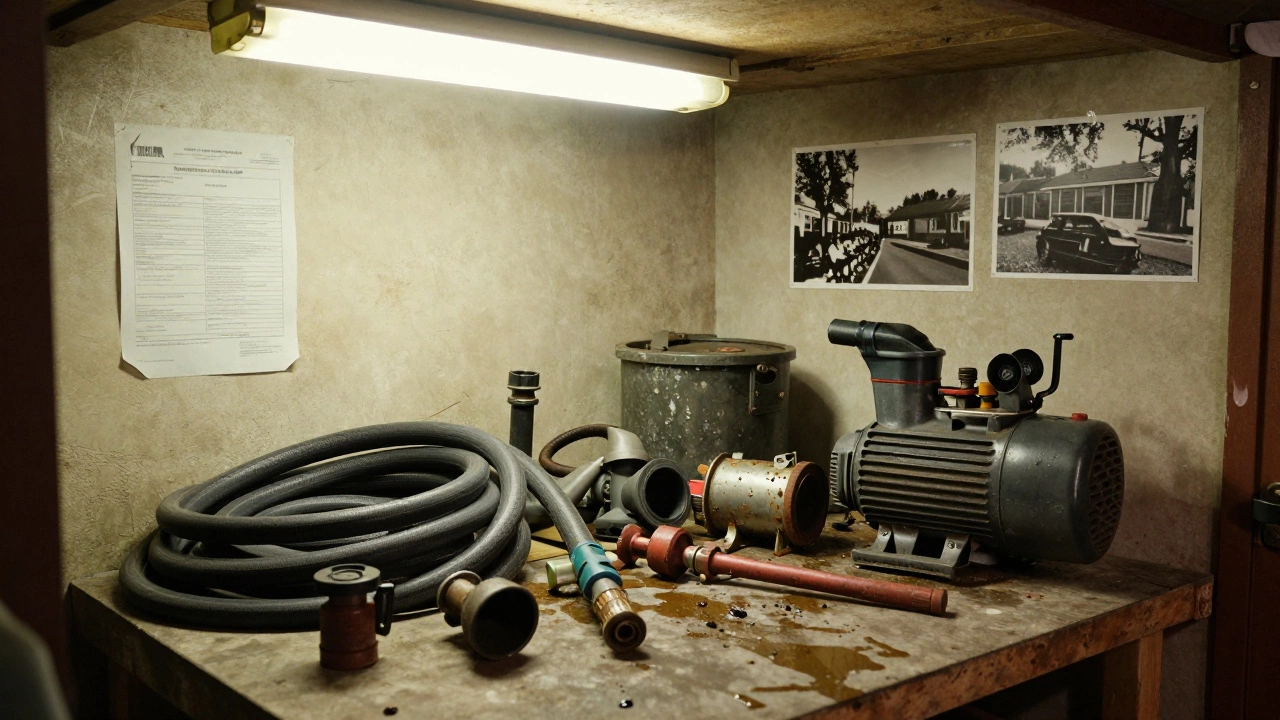 Broken pressure washer parts scattered on a garage workbench with oil stains and rust.