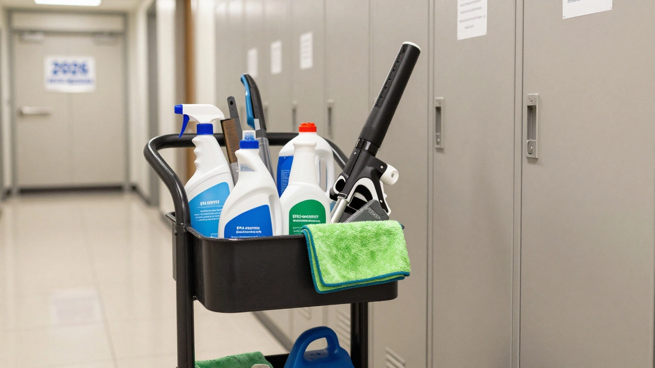Commercial cleaning cart with green-certified supplies beside a janitorial closet in a neutral office hallway.