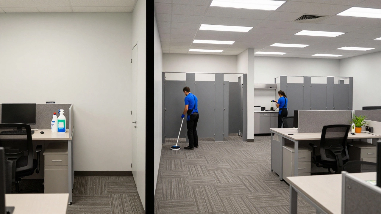 Comparison of small and large office cleaning frequencies showing staff at work in different sized spaces.