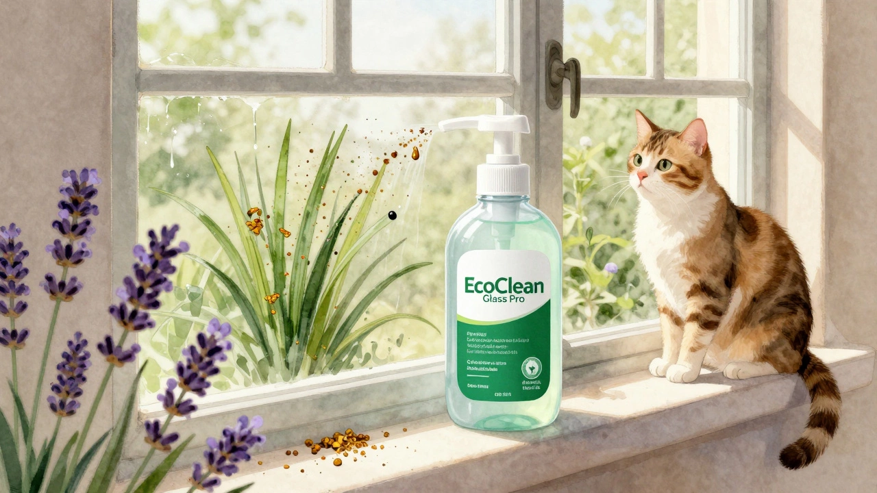 Eco-friendly window cleaner removing bird droppings near blooming plants and a cat.