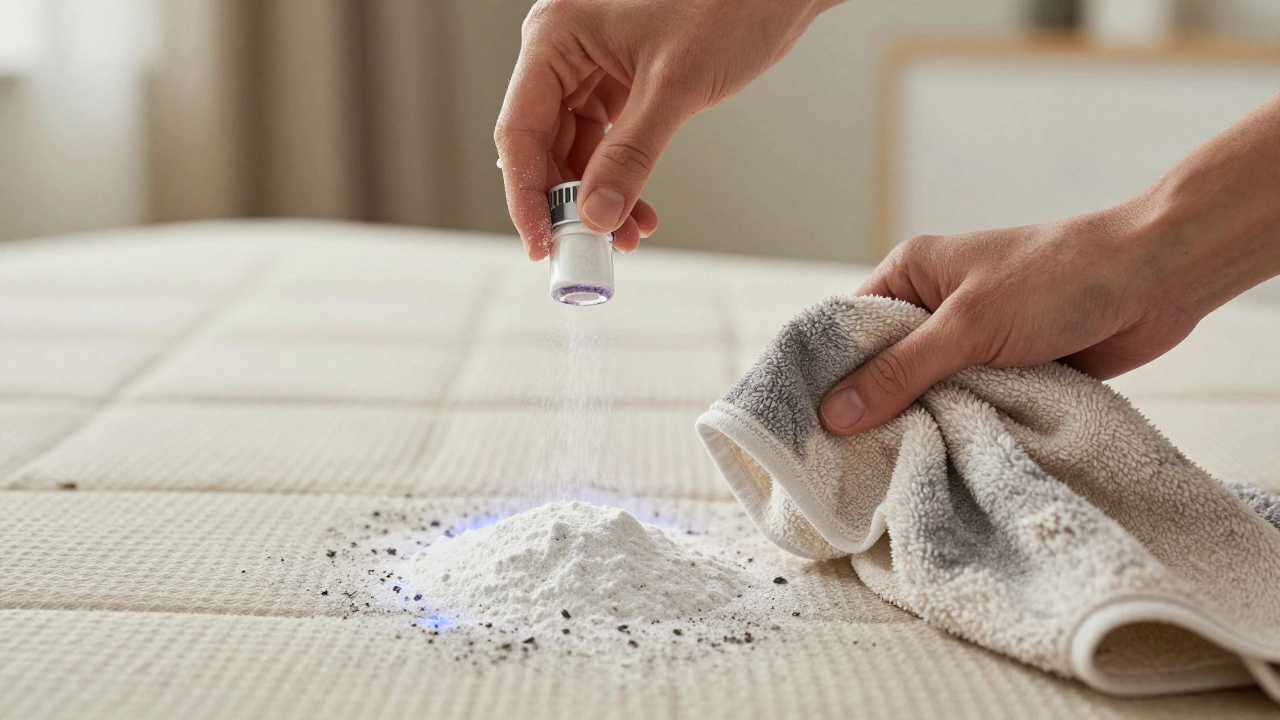 Hands sprinkling baking soda and removing it with a towel, symbolizing odor removal from a mattress.