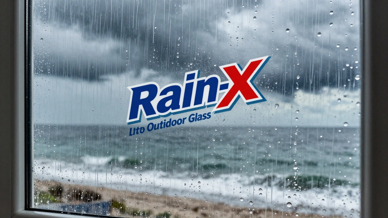 Rain-X cleaner causing water to bead and roll off a seaside window during a storm.
