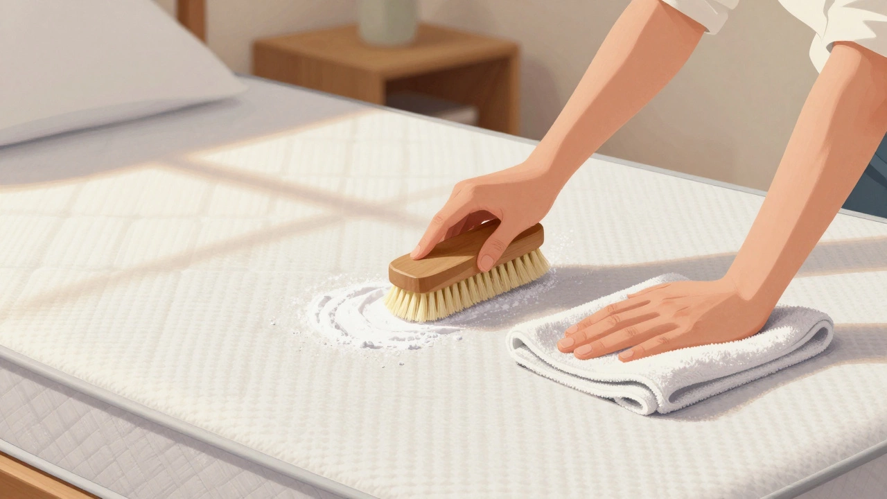 Someone brushing baking soda on a mattress and using a towel to absorb it, no vacuum in sight.