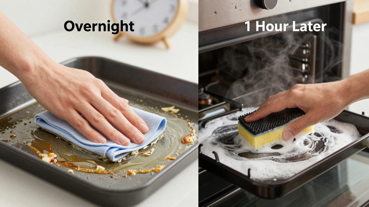 Split image: left shows easy wipe-clean oven after baking soda paste; right shows messy scrubbing from fizzing mixture.