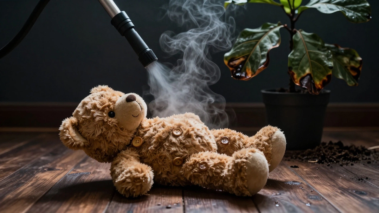 Teddy bear shrinking under steam while a plant shows scorched leaves from moisture damage.