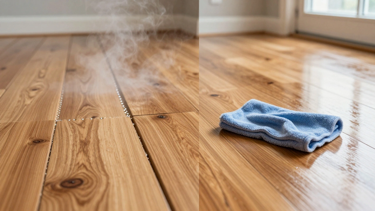 Unsealed hardwood floor warping under steam versus a sealed floor being gently cleaned.