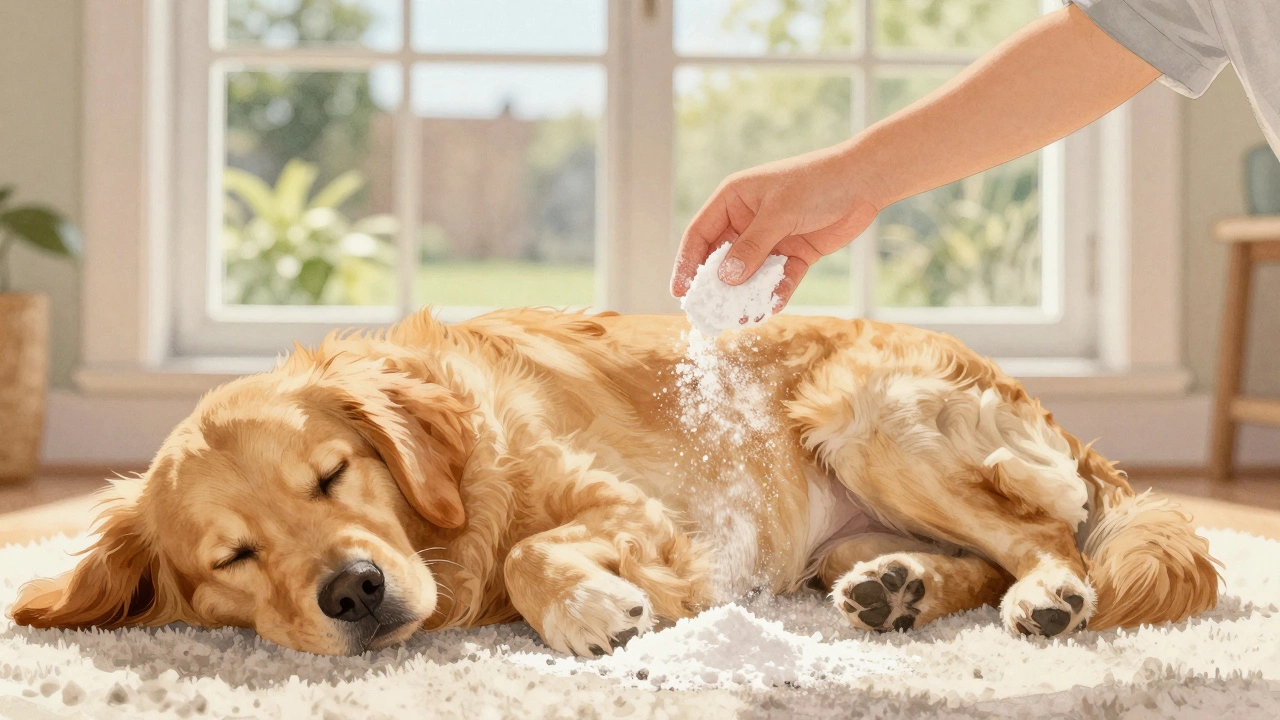 A child sprinkling baking soda on carpet while a dog sleeps safely nearby.