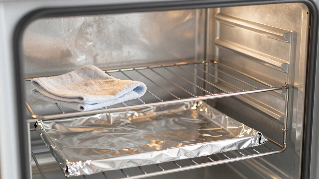 A clean oven interior with foil liner in place, showing a fresh, maintained state.