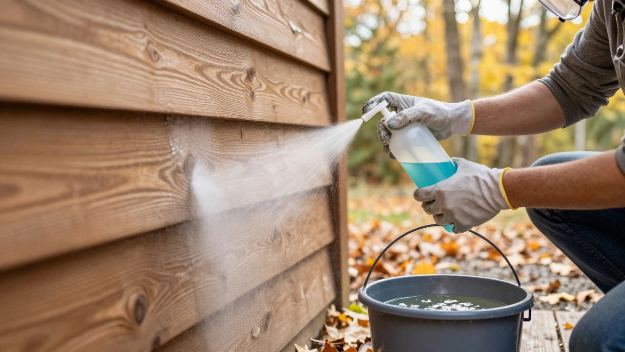 A homeowner applying oxygen bleach solution to wooden cladding with a pump bottle, wearing safety gear, under soft autumn light.