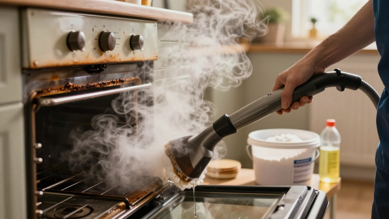 A professional using steam to remove decades of oven grime.