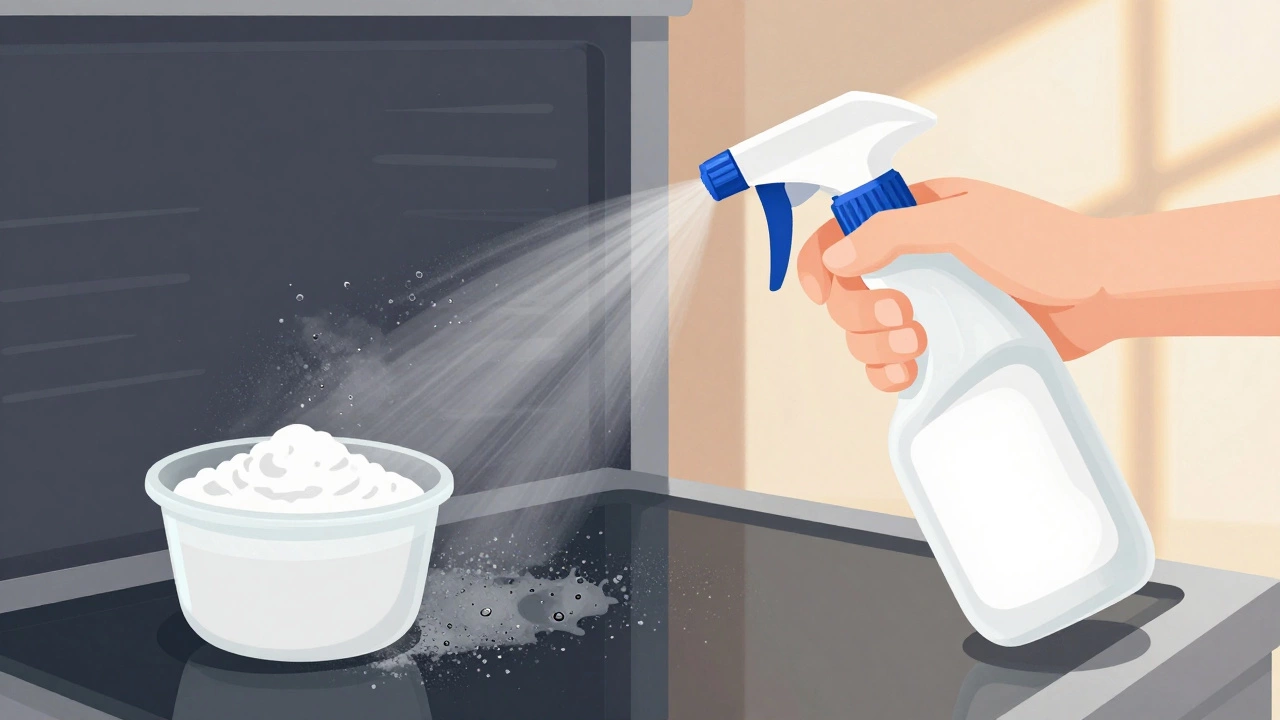 A spray bottle misting vinegar onto an oven surface with faint fizzing bubbles.