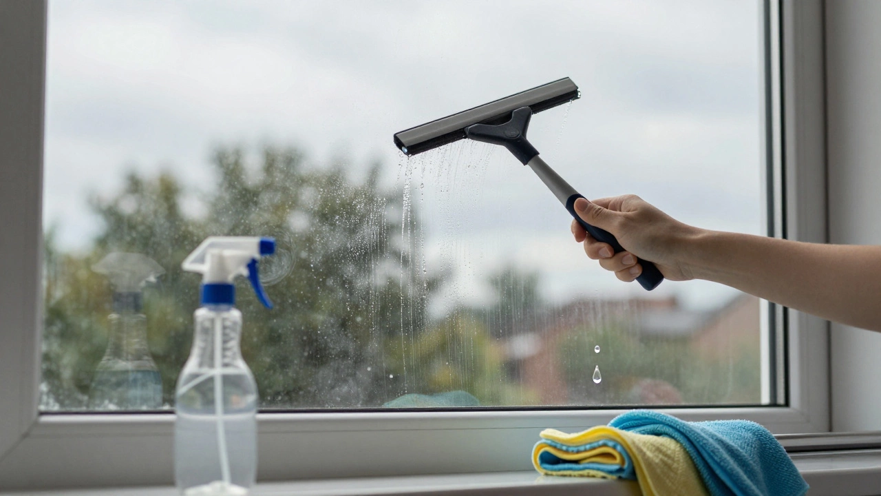 A squeegee pulling water down a clear window, with vinegar spray bottle and microfiber cloths in foreground.