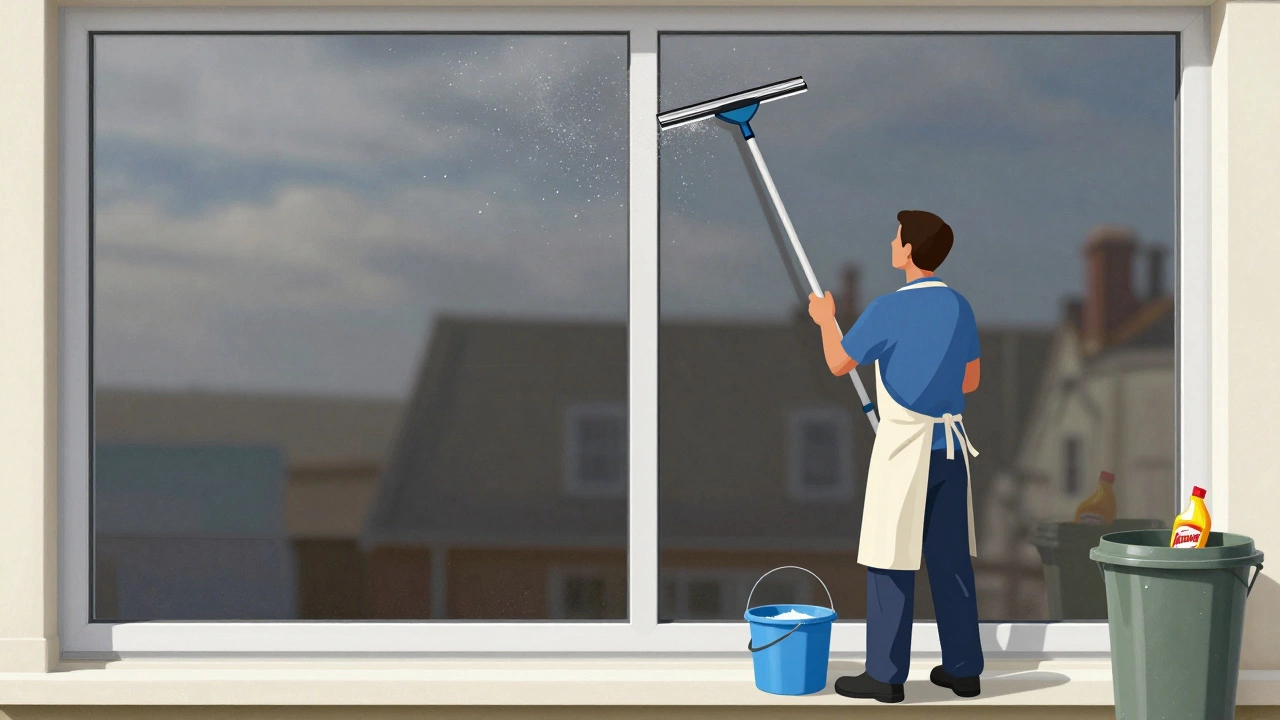 A window cleaner using a squeegee on a large window in Brighton, with a discarded Windex bottle nearby and flawless glass reflecting the sky.