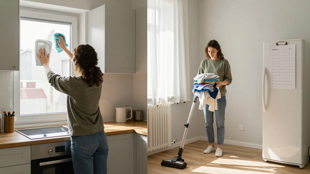 Before-and-after split scene of a living room during spring cleaning, showing clutter and then cleanliness.