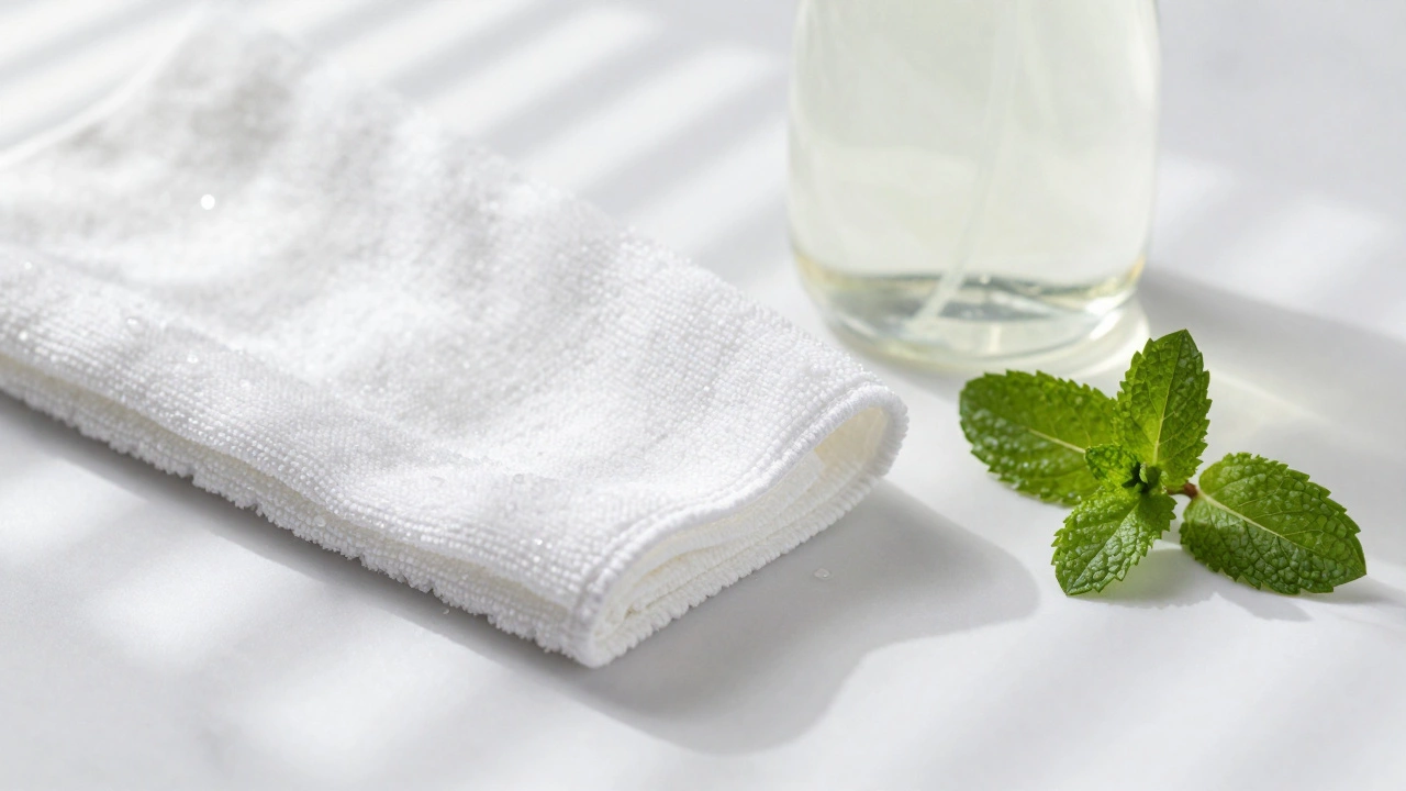 Cleaning tools and herbs on countertop in morning light symbolizing freshness.