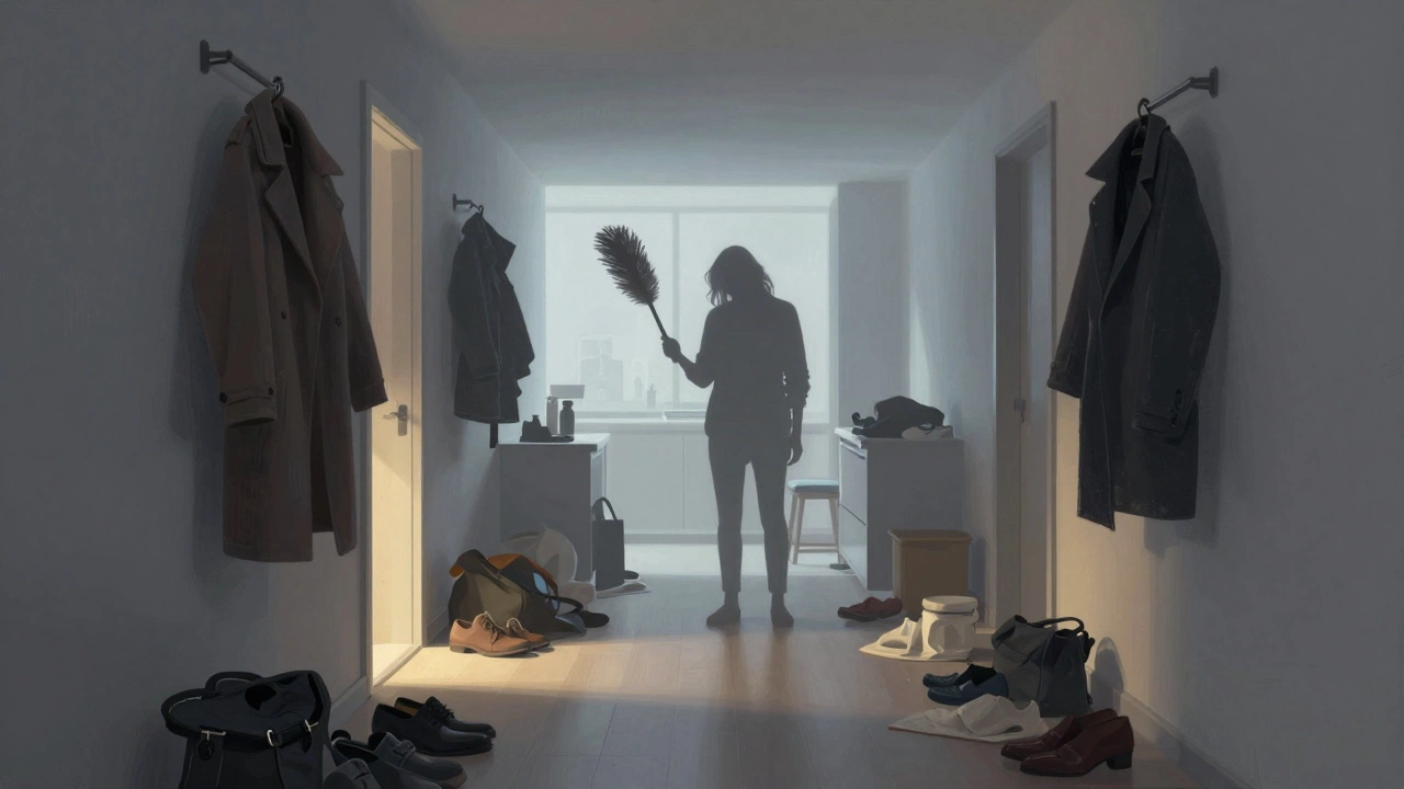 Cluttered urban apartment hallway with homeowner pausing cleaning work.