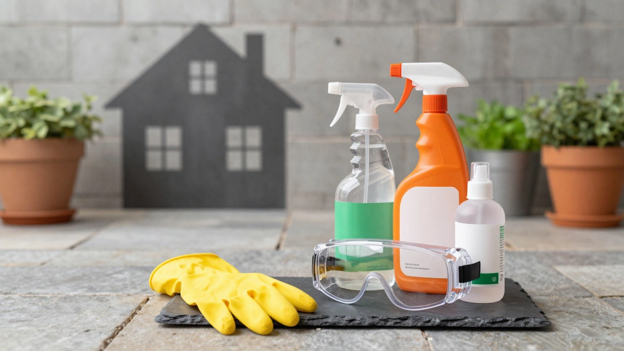 Safety gloves goggles and cleaning bottles on stone patio surface