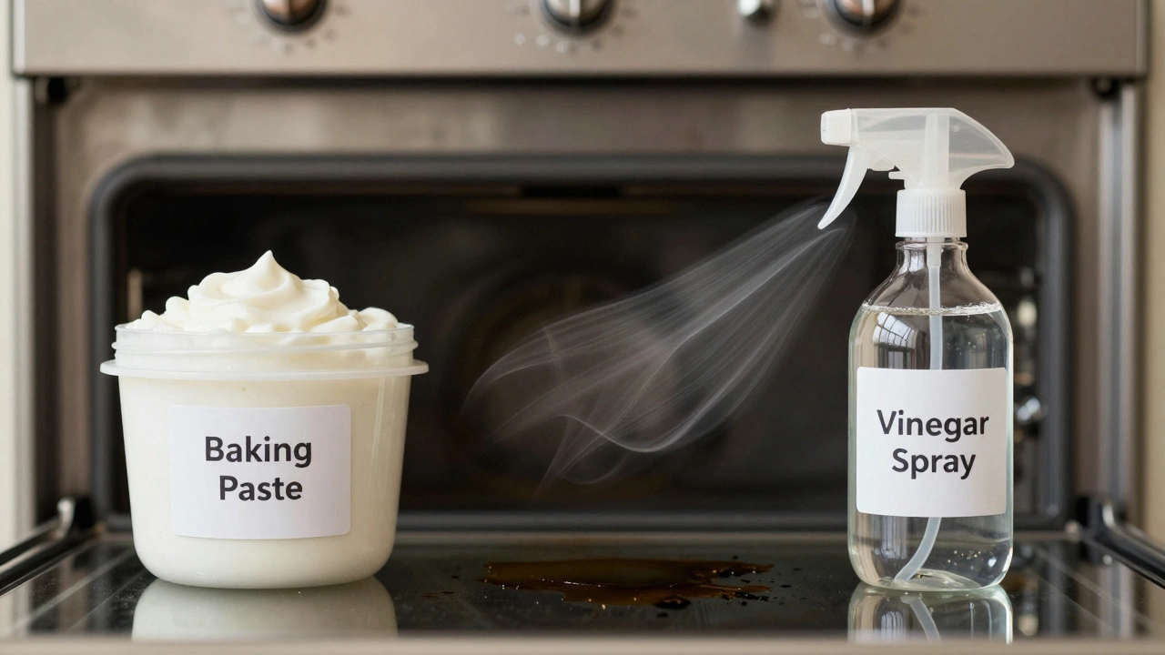 Two containers of cleaning agents beside a transformed oven, showing dirt dissolving.