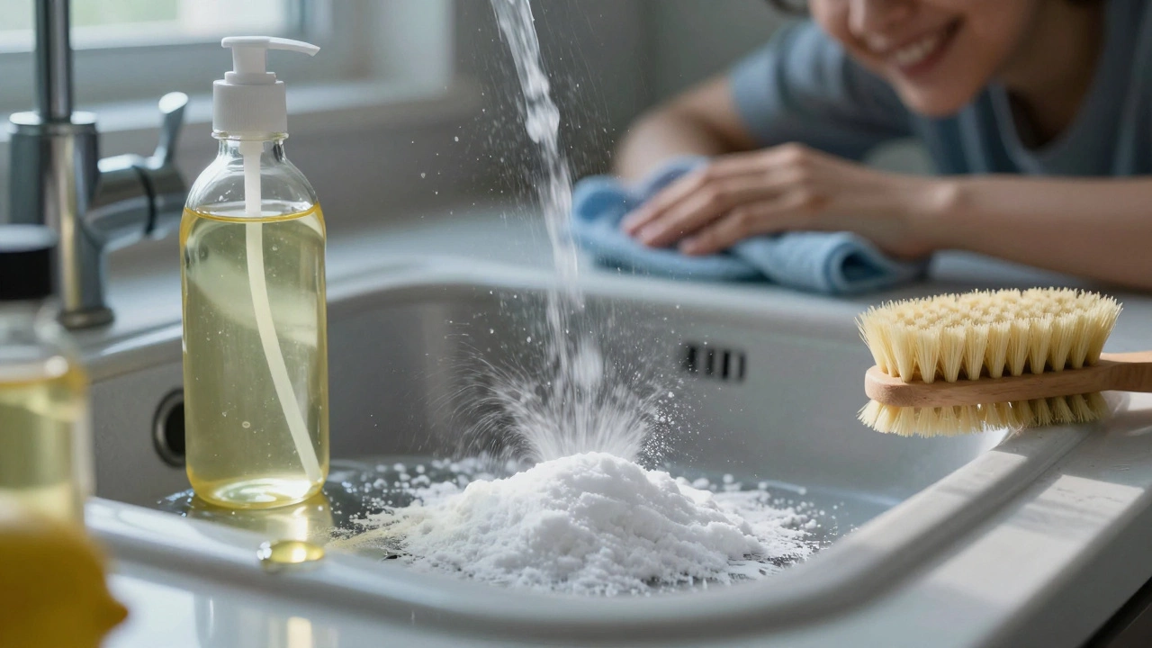 Vinegar and baking soda fizzing on a sink, removing grime naturally.