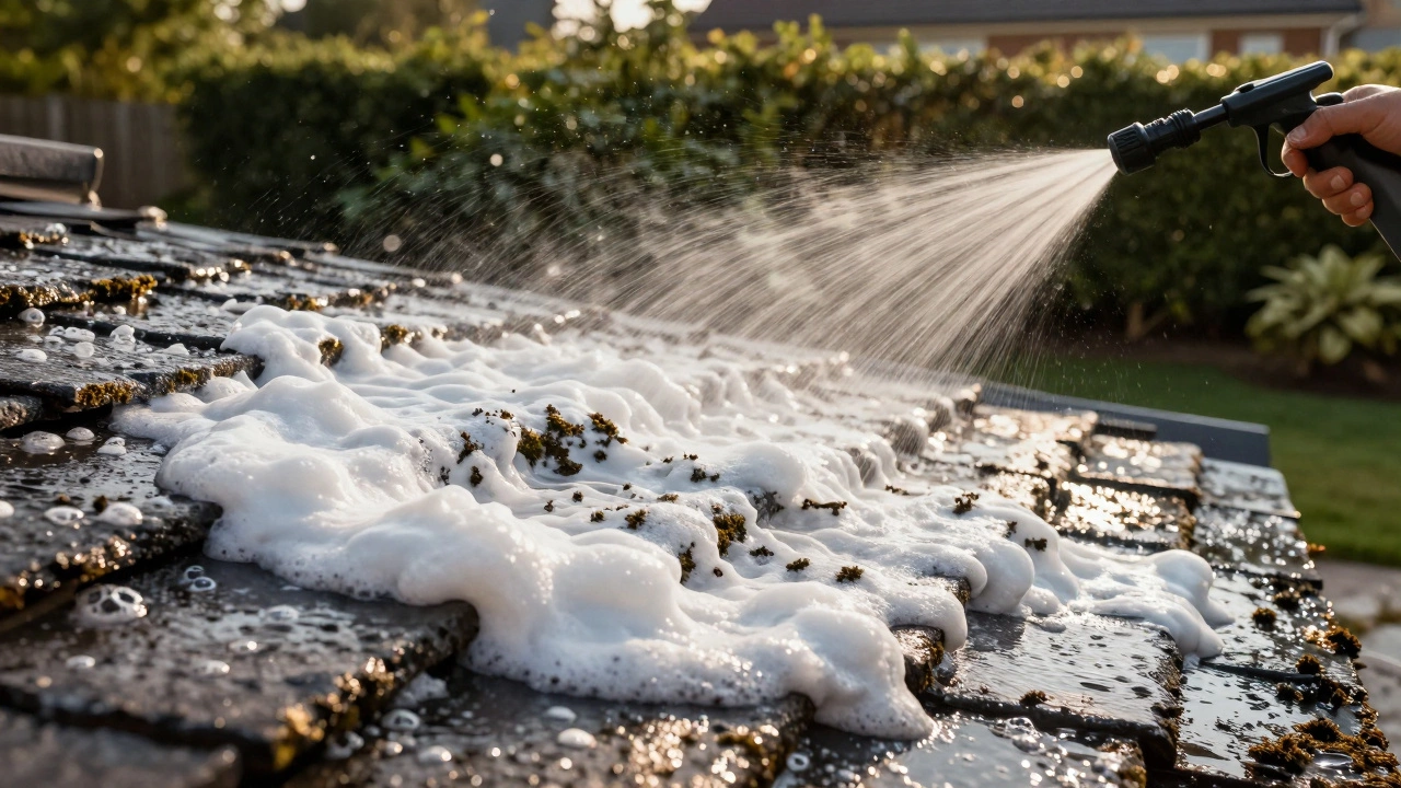 White foaming cleaner sitting on a slate roof near wet plants