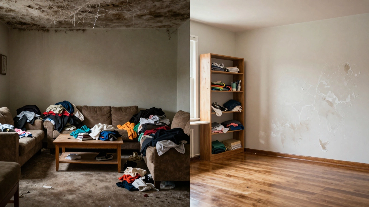 Woman wiping windows and folding laundry on a weekend spring cleaning schedule, sunlight through curtains.