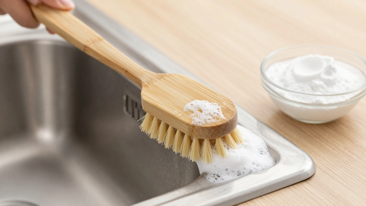 A bamboo brush scrubbing a stainless steel sink with natural soap suds and baking soda paste
