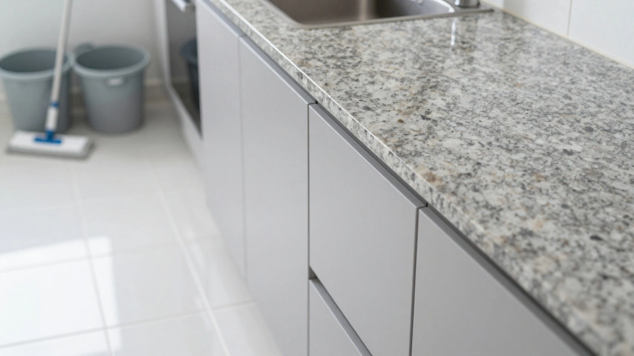 A clean, sparkling kitchen with polished granite counters and bright white tile floors.