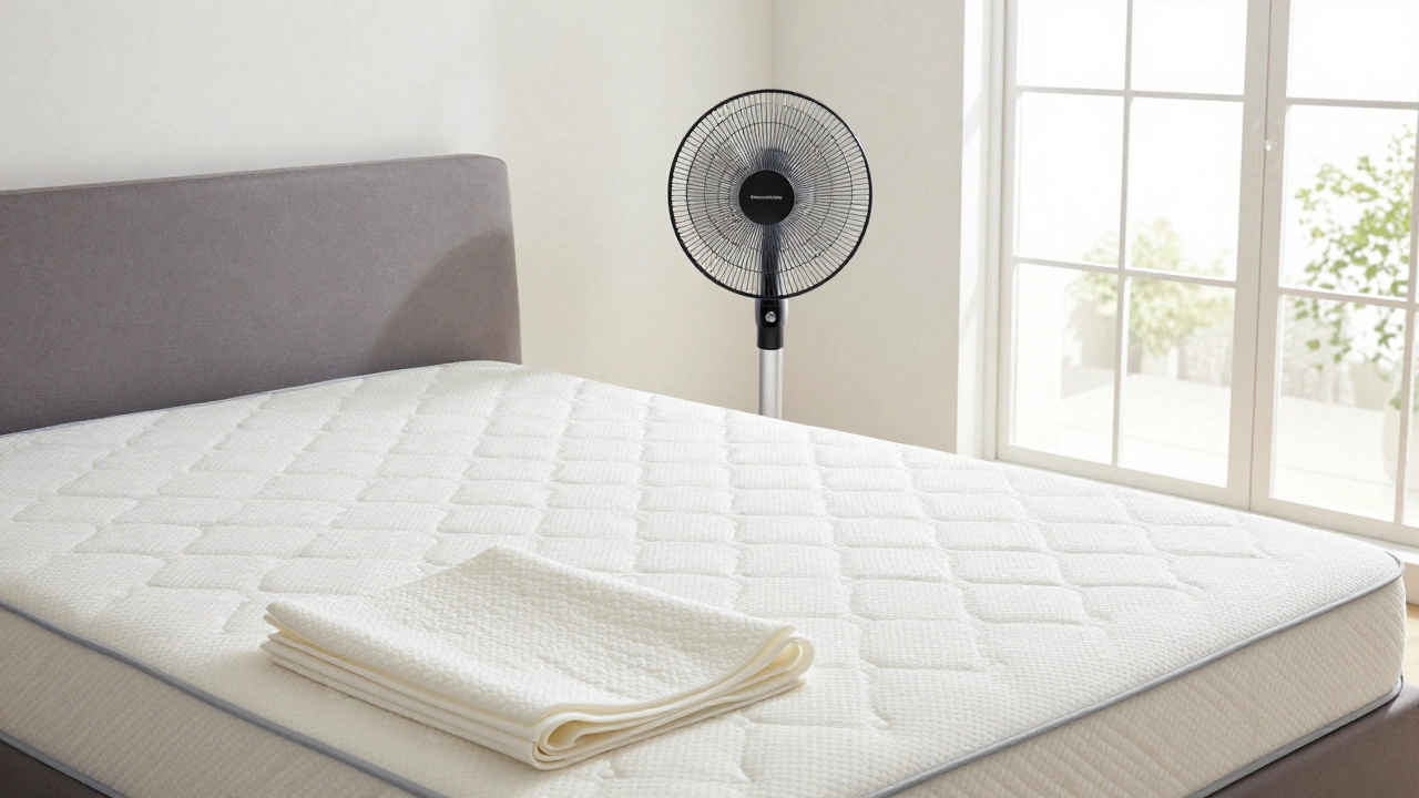 A fan drying a clean mattress in a bright bedroom with a protector nearby