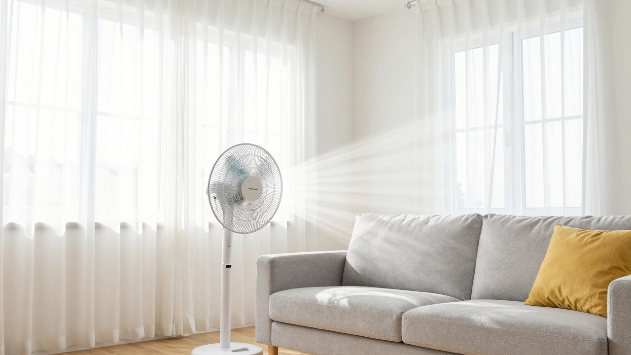 A floor fan blowing air to dry a couch in a bright living room