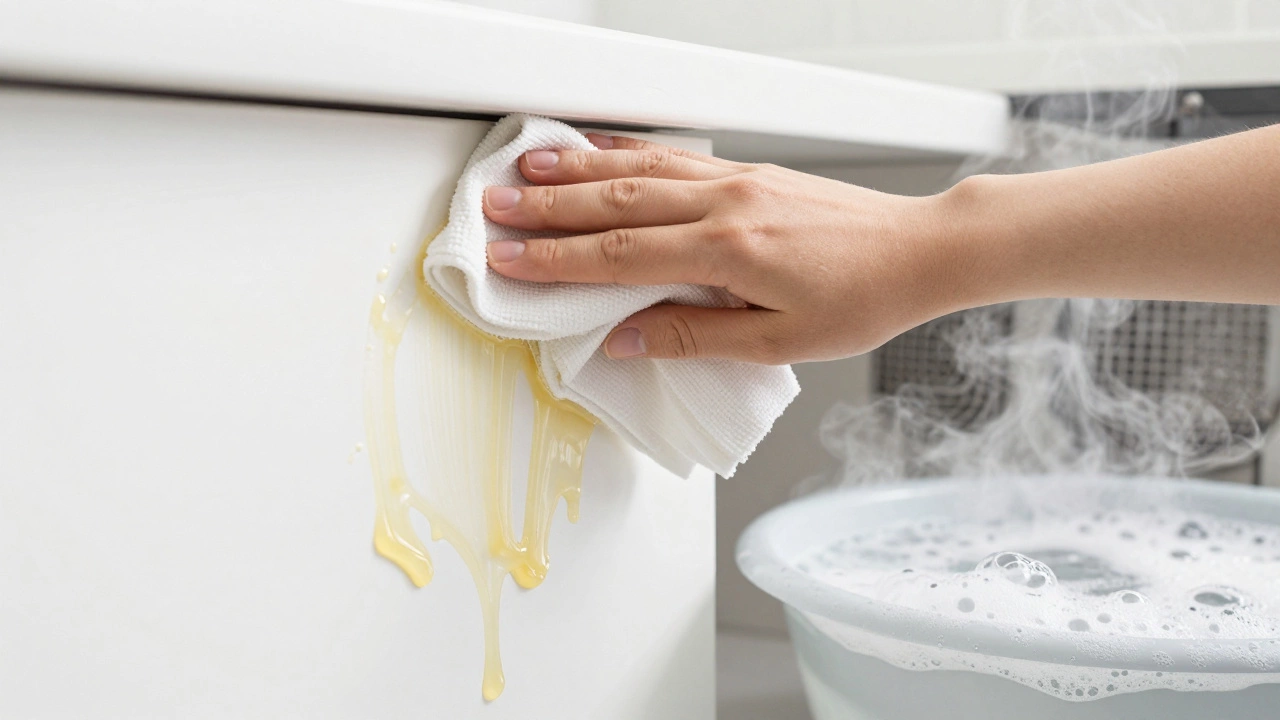 A hand cleaning a greasy kitchen cabinet with a microfiber cloth next to a soaking filter.