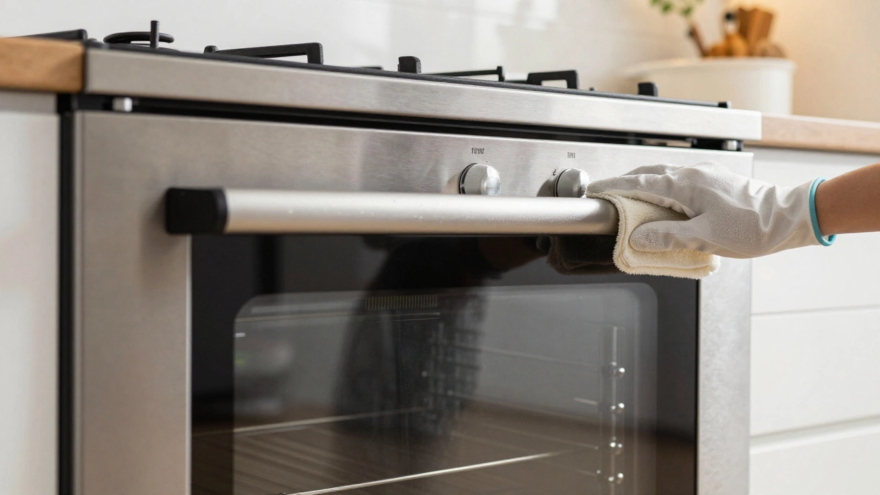 A spotless, polished stainless steel oven with a showroom shine in a modern kitchen.