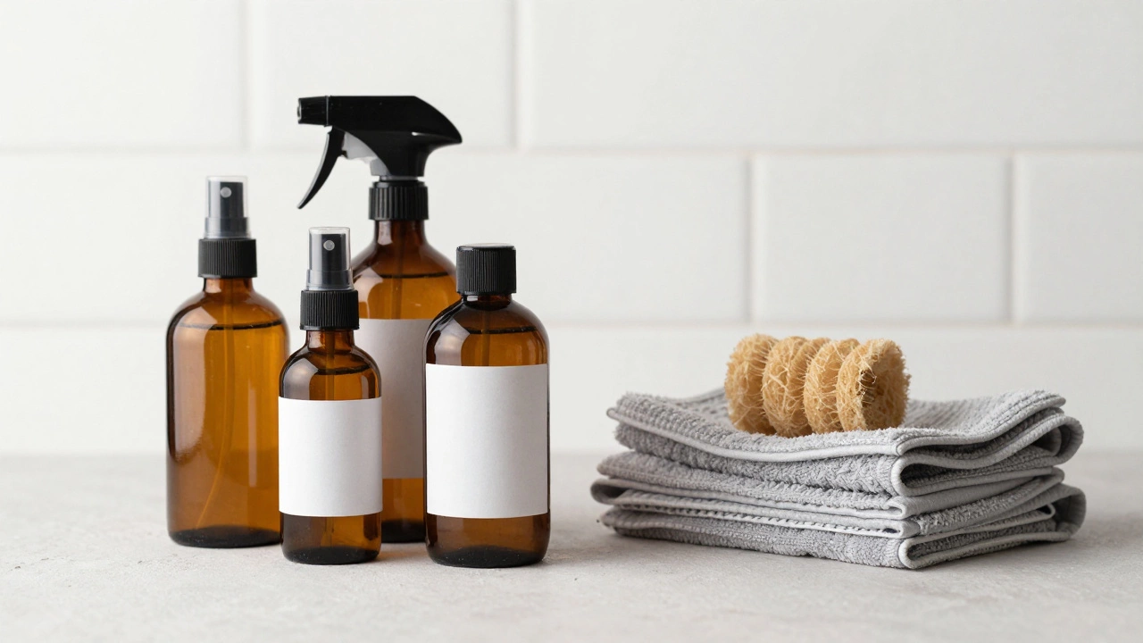 Amber glass spray bottles, microfiber cloths, and a coconut husk scrubber on a white background
