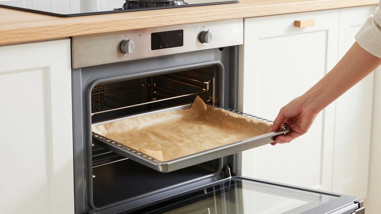 Baking tray with parchment paper being placed in a clean oven