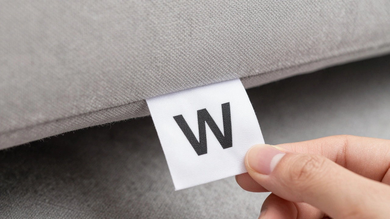 Close-up of a furniture care tag showing the letter W for water-based cleaning