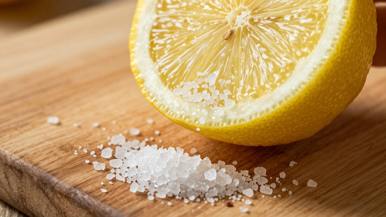 Close-up of a lemon half and salt being used to scrub a wooden cutting board
