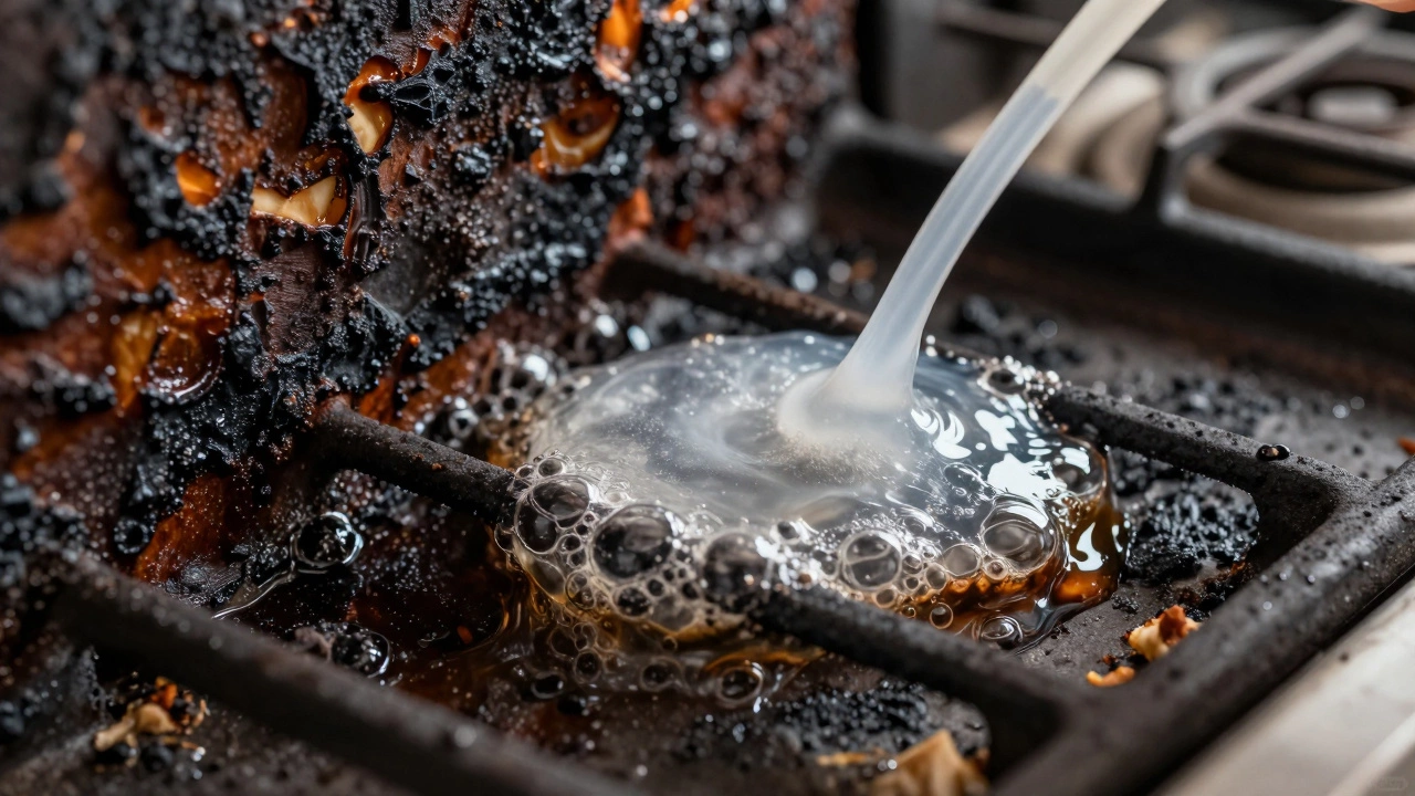Close-up of industrial degreaser gel reacting with burnt carbon and grease on an oven interior wall.