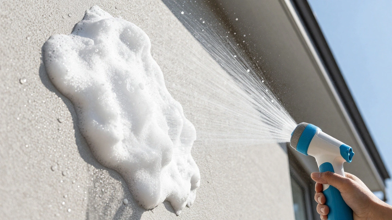 Close-up of soapy foam being rinsed off a house wall from the bottom up