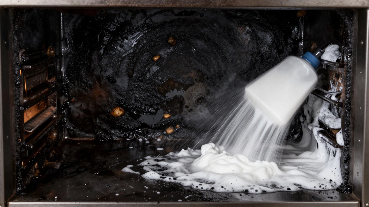 Comparison of a greasy oven wall and one being cleaned with foam
