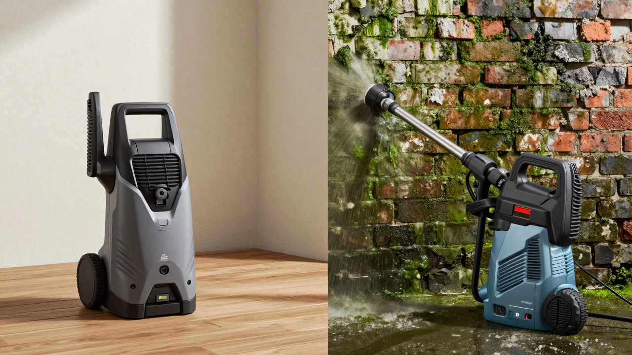 Comparison of an electric pressure washer for wood and a gas washer for brick